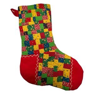 VTG 70s Patchwork Crazy Quilt Stocking Handmade Calico Colorful Christmas Retro